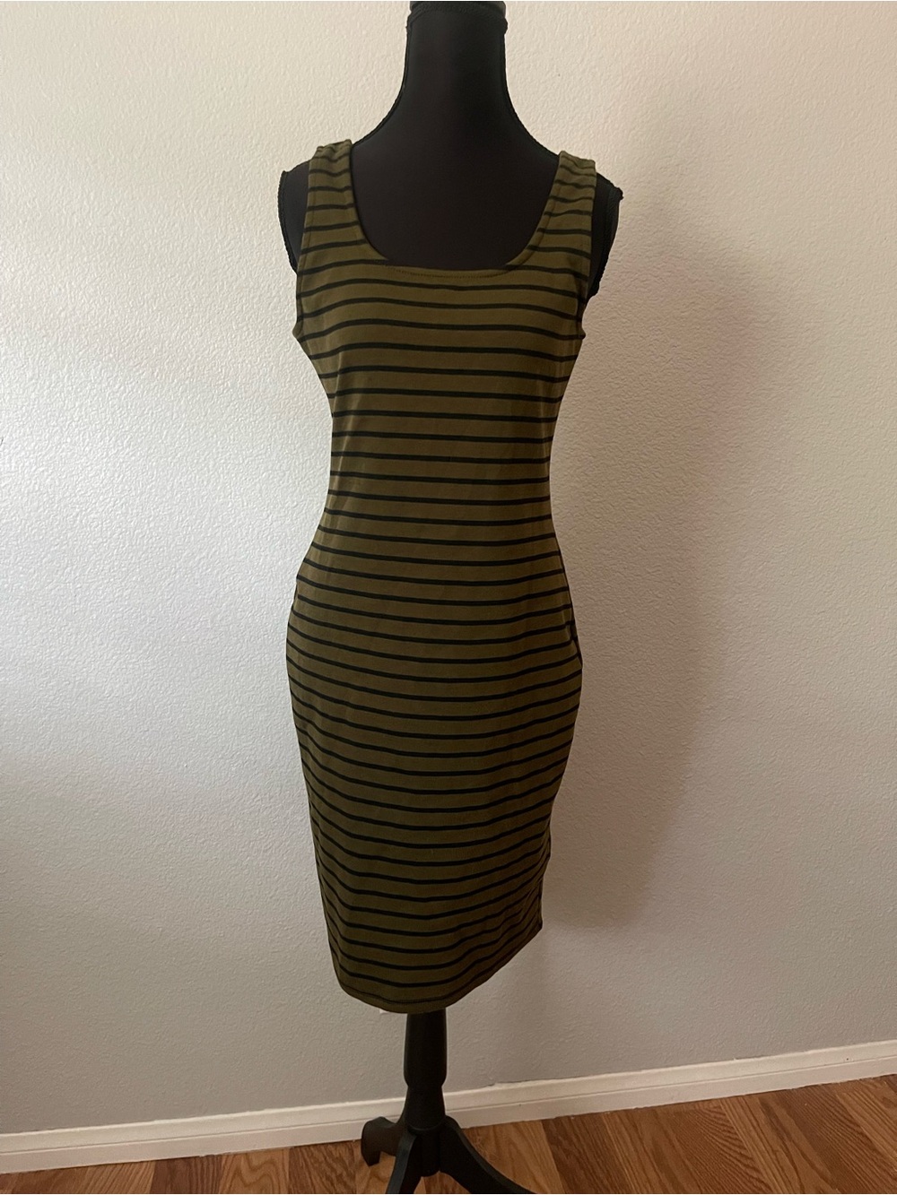 iris Olive Green and Black Striped Sleeveless Bodycon Dress